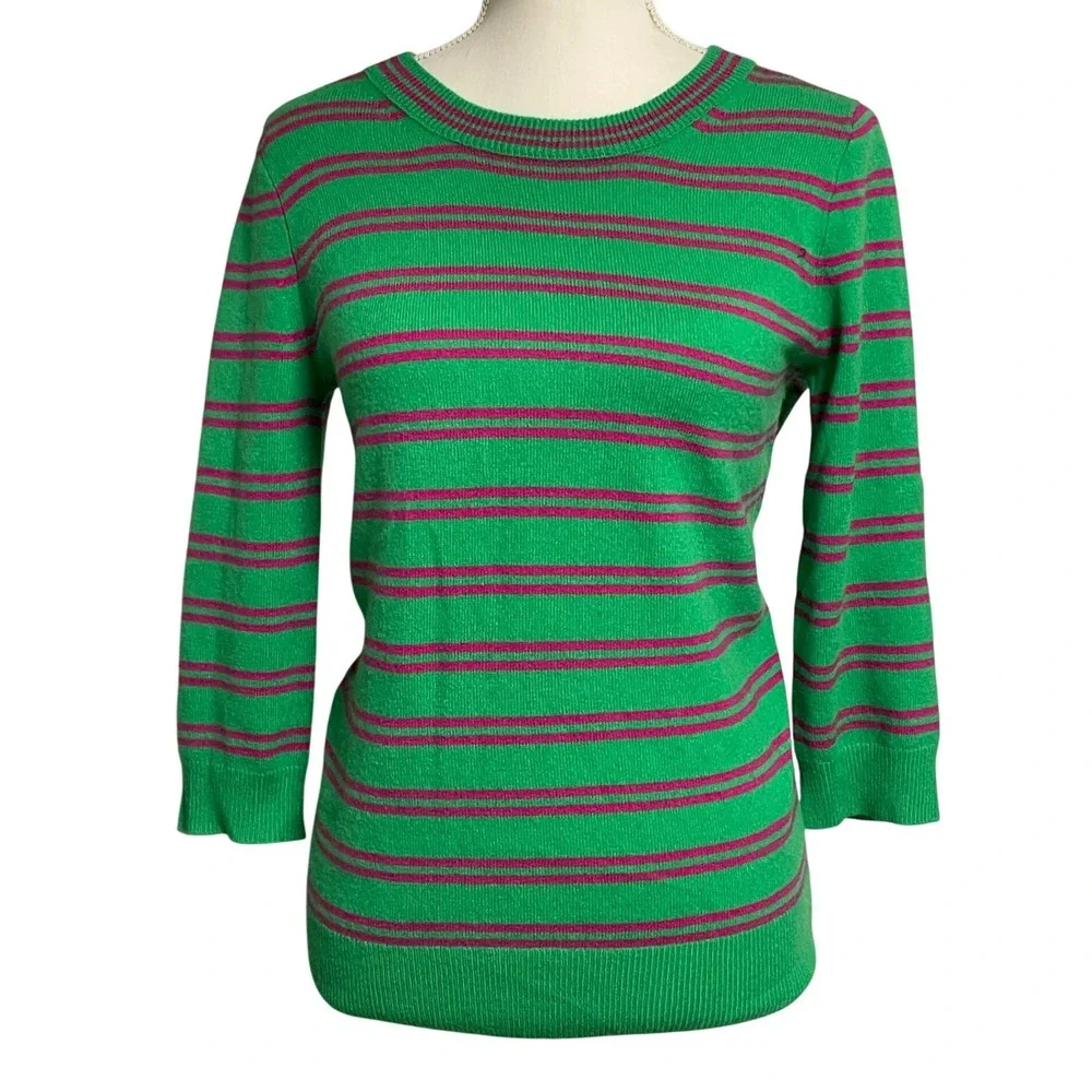 J. Crew Italian Cashmere Green Pink Stripe Crewneck Women's Small